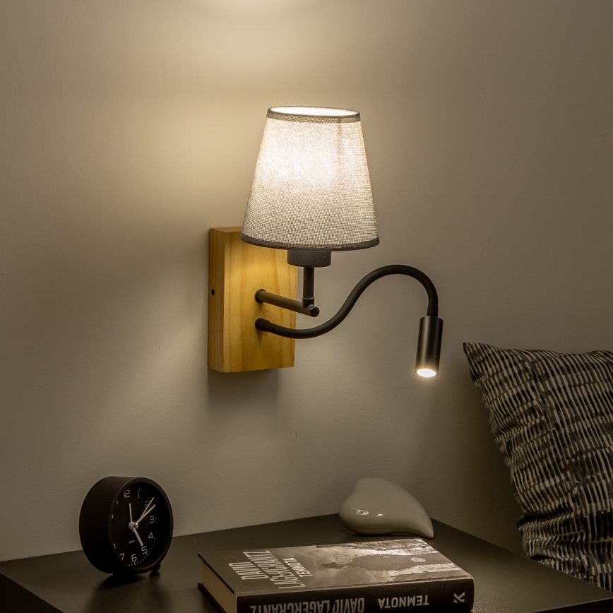 Brilagi - LED Flexibel vägglampa NUBILA WOOD 1xE27/25W/230V + LED/3W ek/grå