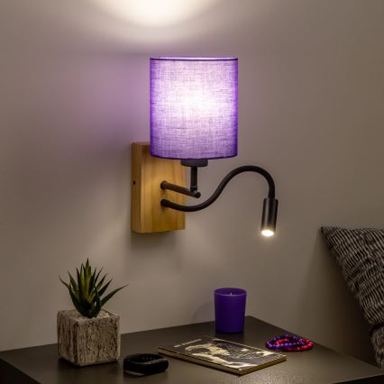Brilagi - LED Flexibel vägglampa NUBILA WOOD 1xE27/25W/230V + LED/3W ek/lila