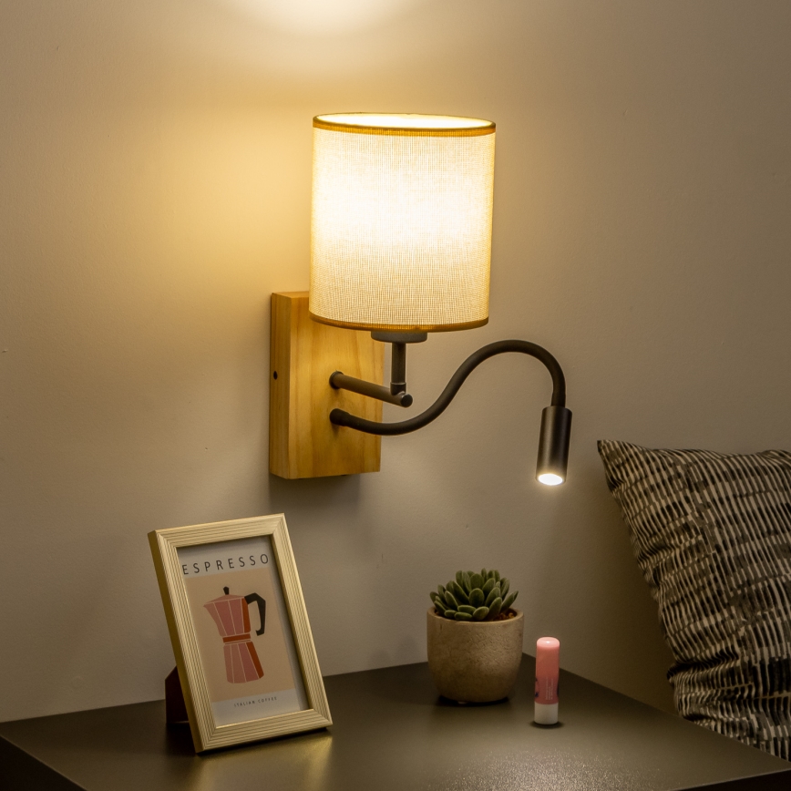 Brilagi - LED Flexibel vägglampa NUBILA WOOD 1xE27/25W/230V + LED/3W ek/ljusbrun