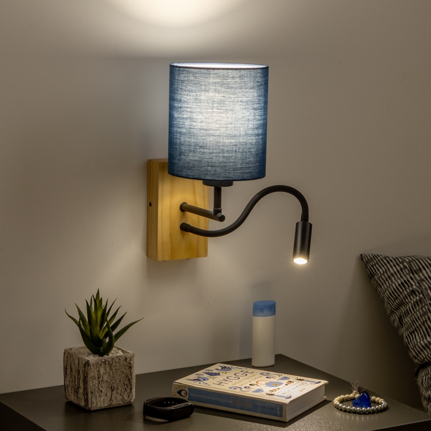 Brilagi - LED Flexibel vägglampa NUBILA WOOD 1xE27/25W/230V + LED/3W ek/mörkblå