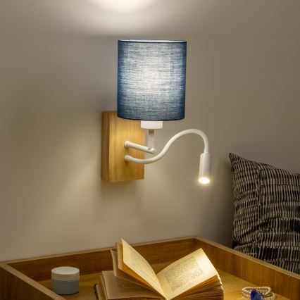 Brilagi - LED Flexibel vägglampa NUBILA WOOD 1xE27/25W/230V + LED/3W ek/mörkblå