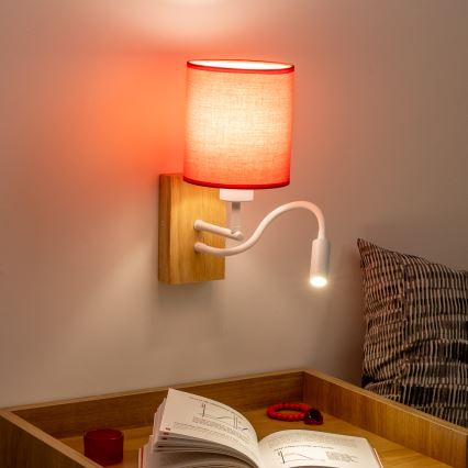 Brilagi - LED Flexibel vägglampa NUBILA WOOD 1xE27/25W/230V + LED/3W ek/röd
