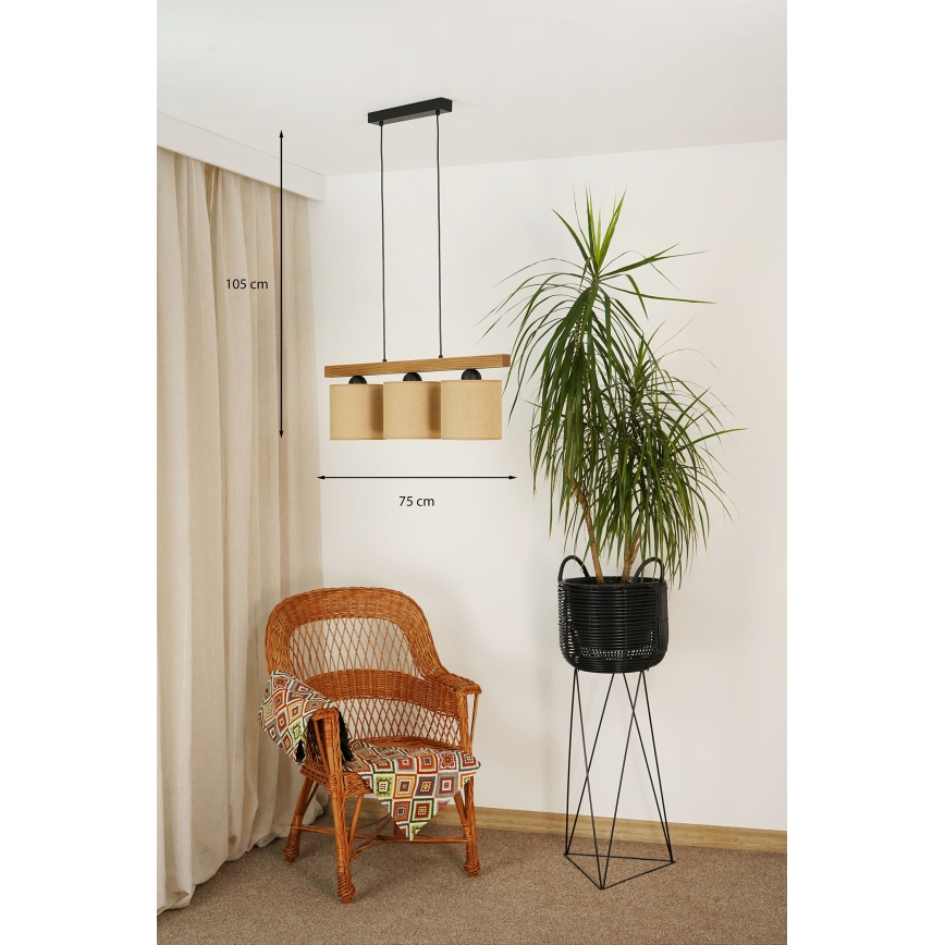 Brilagi - Ljuskrona med textilsladd FOREST 3xE27/15W/230V tall/brun/svart
