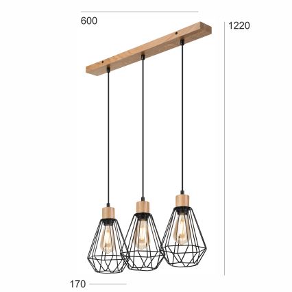 Brilagi - Ljuskrona med textilsladd WOODY BASKET 3xE27/60W/230V ek