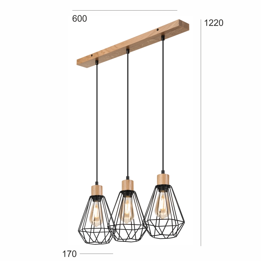 Brilagi - Ljuskrona med textilsladd WOODY BASKET 3xE27/60W/230V ek