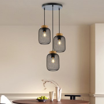 Brilagi - Pendel på vajer BASKLITE 3xE27/15W/230V gummiträ/svart