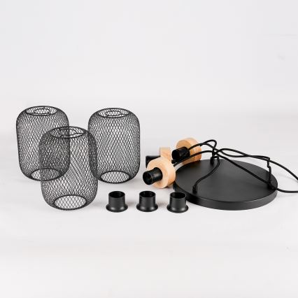 Brilagi - Pendel på vajer BASKLITE 3xE27/15W/230V gummiträ/svart