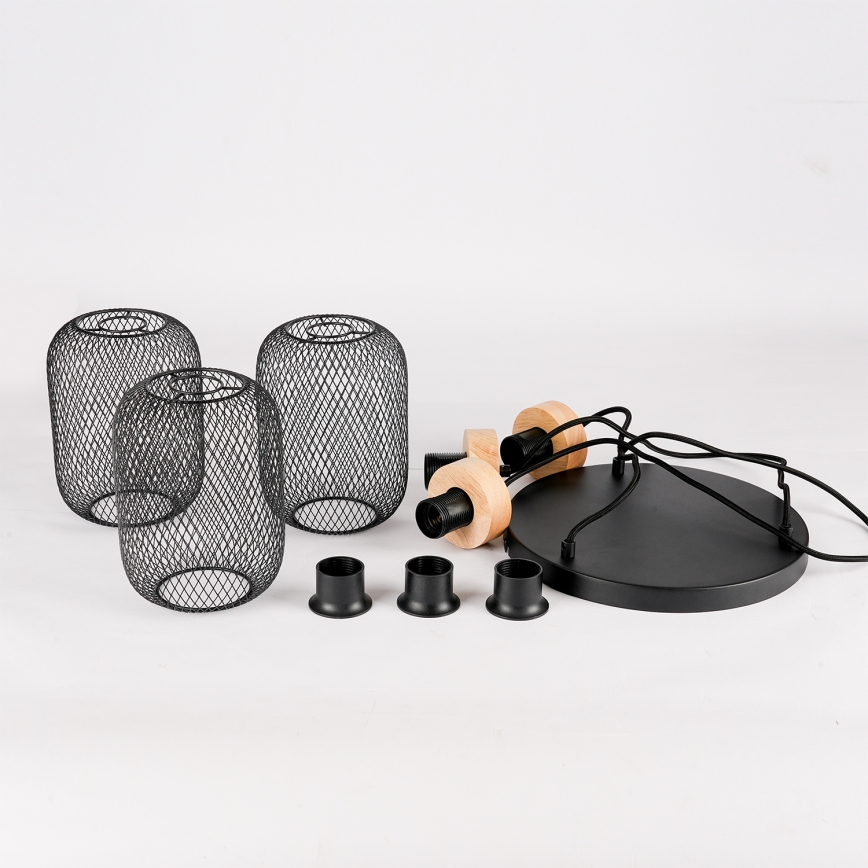 Brilagi - Pendel på vajer BASKLITE 3xE27/15W/230V gummiträ/svart