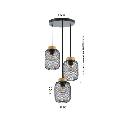 Brilagi - Pendel på vajer BASKLITE 3xE27/15W/230V gummiträ/svart