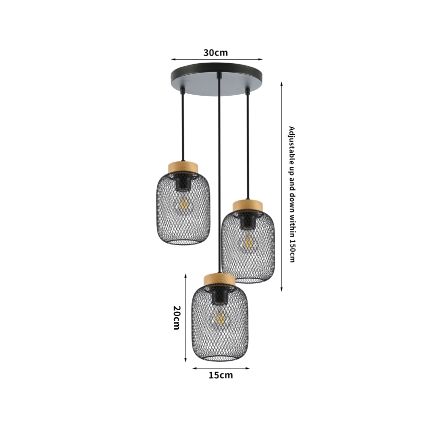 Brilagi - Pendel på vajer BASKLITE 3xE27/15W/230V gummiträ/svart