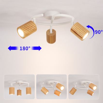 Brilagi - Spotarmatur MODERN WOOD 3xGU10/8W/230V gummiträ/vit