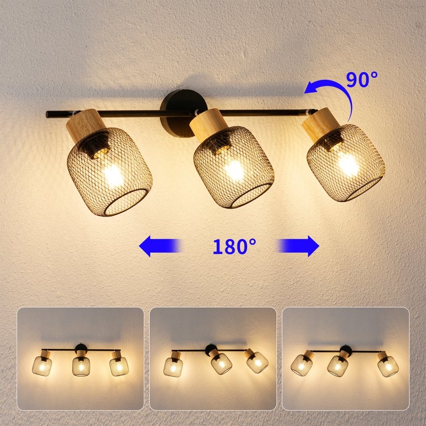 Brilagi - Spotlampa BASKLITE 3xE27/15W/230V gummiträ/svart