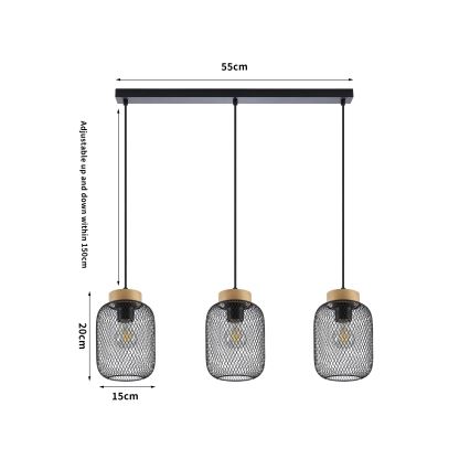 Brilagi - Takpendel med sladd BASKLITE 3xE27/15W/230V gummiträ/svart