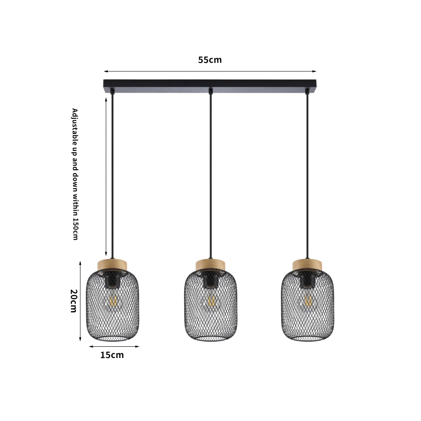 Brilagi - Takpendel med sladd BASKLITE 3xE27/15W/230V gummiträ/svart
