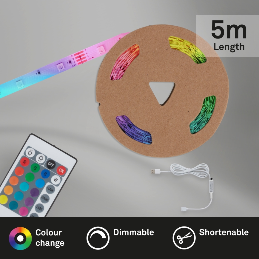 Brilo - LED RGB Dimbar remsa 6,6m LED/6W/USB + fjärrkontroll