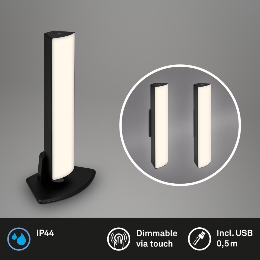 Briloner 7474-015 - LED Ljusreglerad beröring uppladdningsbar utomhus bordslampa 2i1 LED/7W/5V 2200 mAh USB 3000K IP44 svart