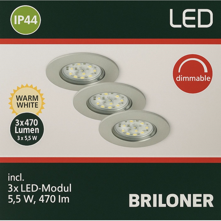 Briloner - KIT 3x Infälld dimbar LED badrumsbelysning LED/5,5W/230V IP44
