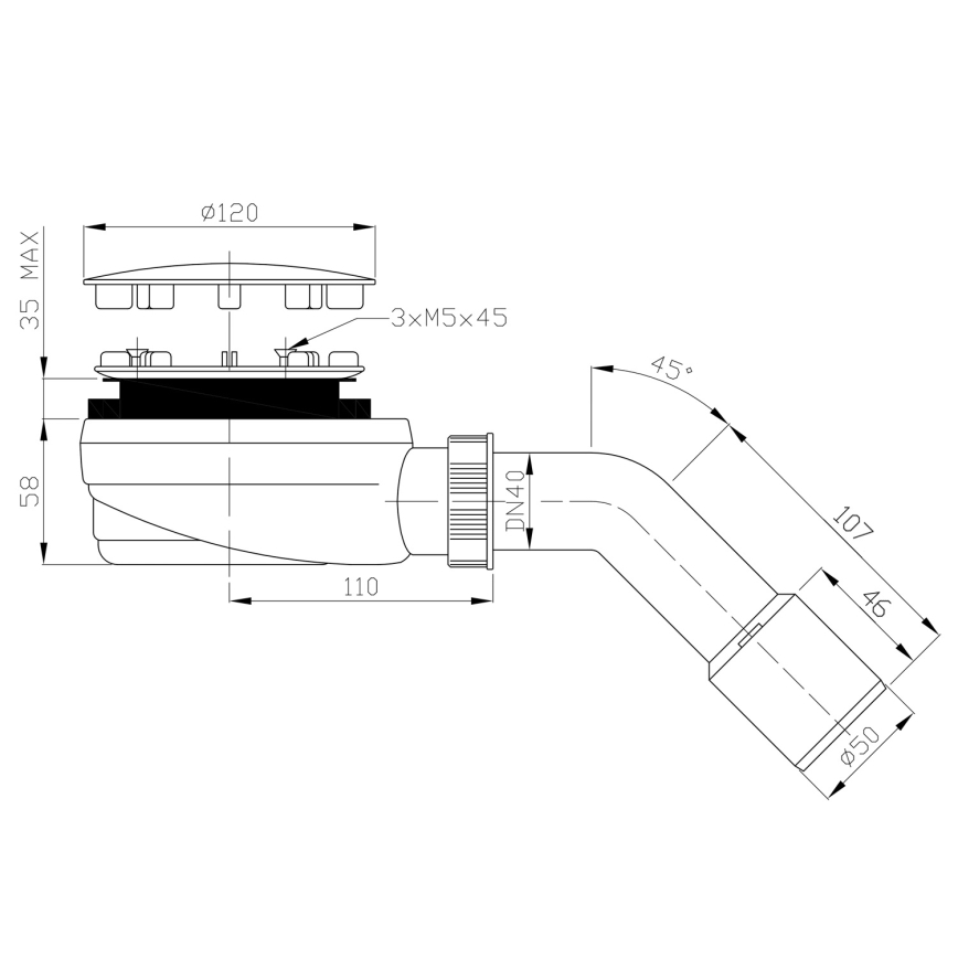 Bruckner - Duschbricka sifon låg DN40/50 vit/polerad rostfri