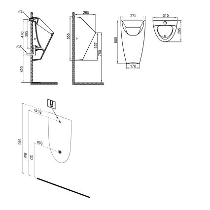 Bruckner - Pissoar SCHWARN med bakanslutning, bakre avlopp + inbyggd spolning 6V DC, svart