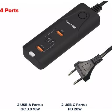 Canyon - Laddare 2xUSB A + 2xUSB C Power Delivery 20W