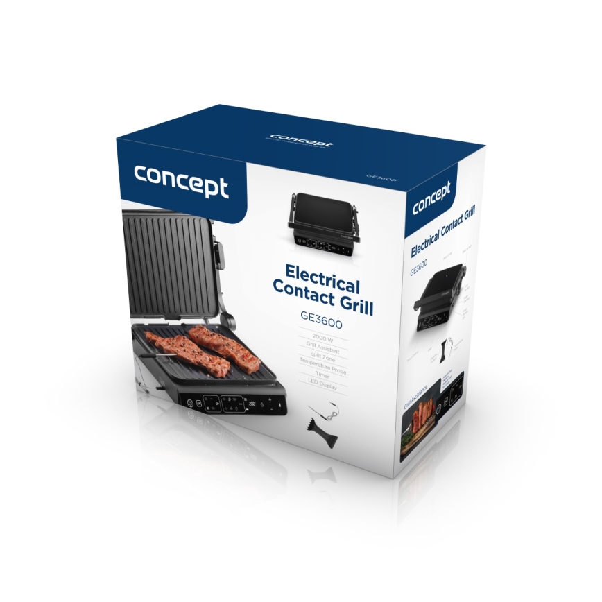 Concept ge3600 - Kontaktgrill med temperatursensor GLASS 2000W/230V svart