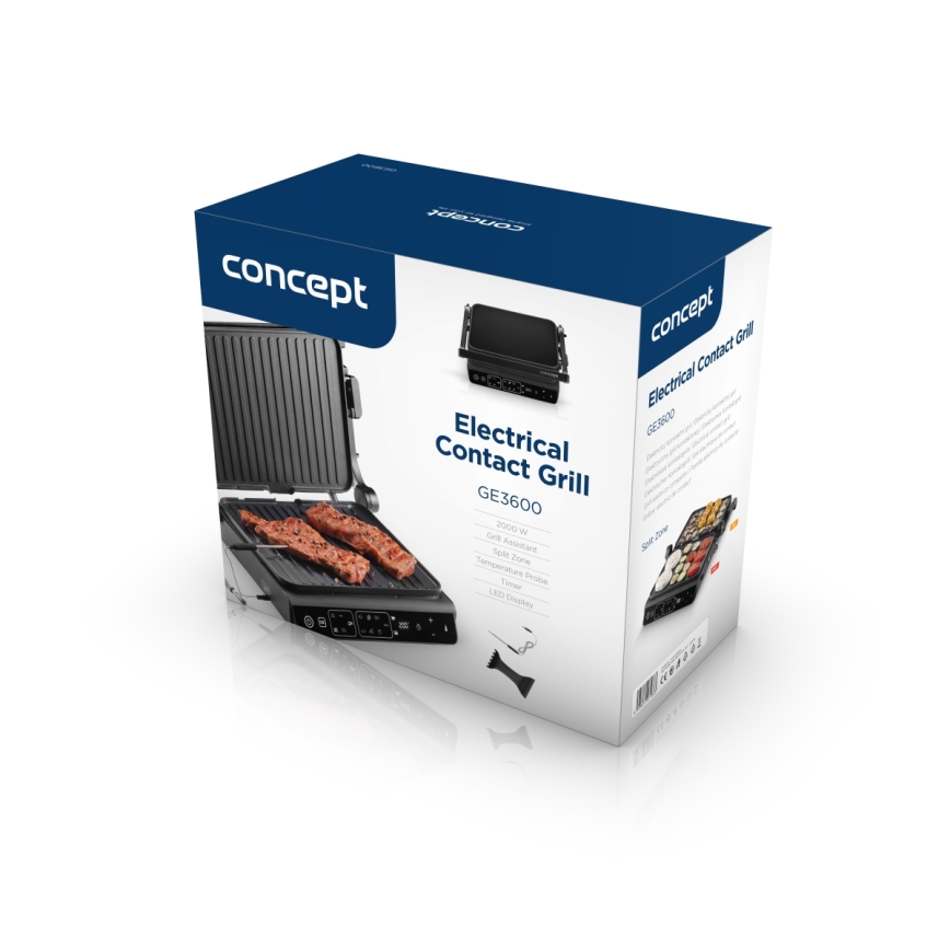 Concept ge3600 - Kontaktgrill med temperatursensor GLASS 2000W/230V svart