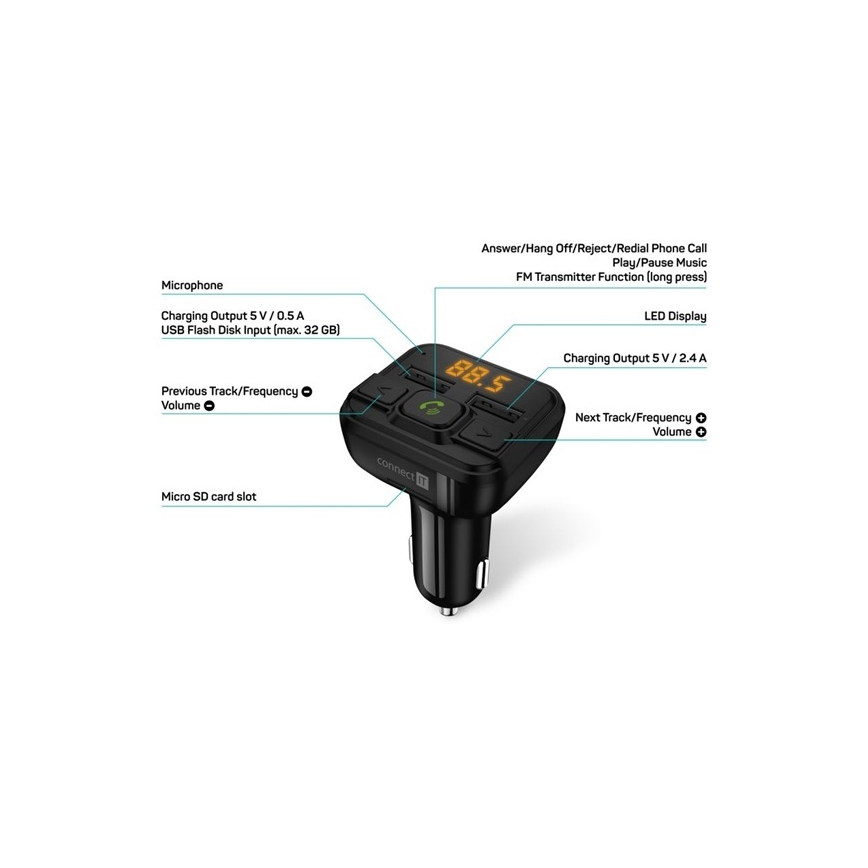 CONNECT IT CCC-8600-BK - FM-bilsändare med handsfree-funktion svart