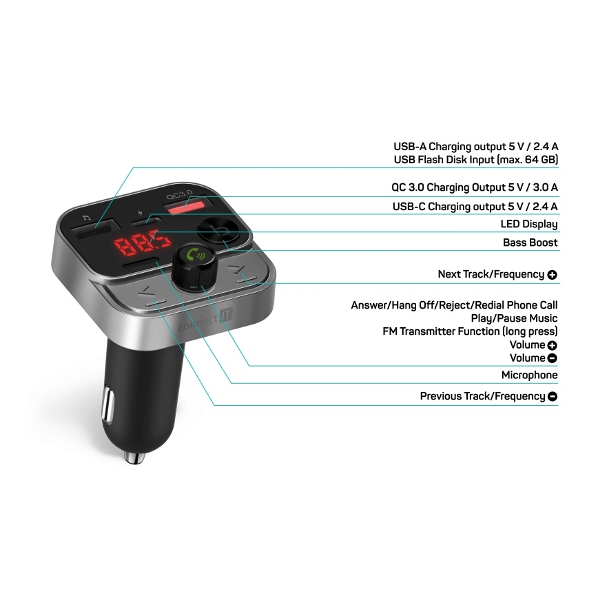 CONNECT IT CCC-8900-AN - FM-bilsändare med handsfree-funktion svart/silver