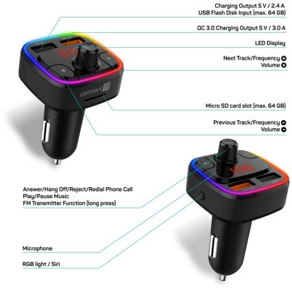 CONNECT IT CCC-9090-BK - LED RGB FM-bilsändare med handsfree-funktion svart