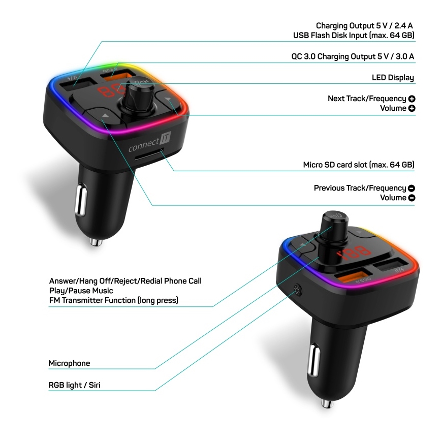 CONNECT IT CCC-9090-BK - LED RGB FM-bilsändare med handsfree-funktion svart