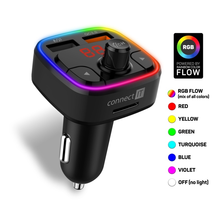 CONNECT IT CCC-9090-BK - LED RGB FM-bilsändare med handsfree-funktion svart