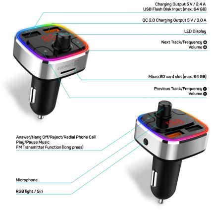 CONNECT IT CCC-9090-SL - LED RGB FM-bilsändare med handsfree-funktion svart/silver