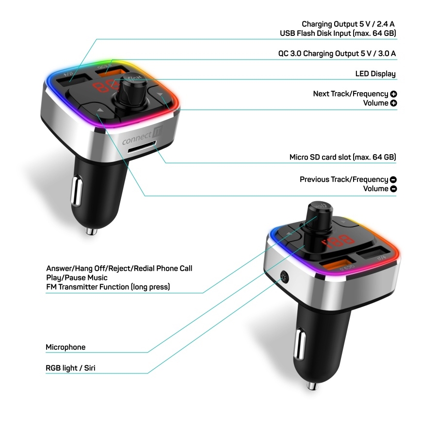 CONNECT IT CCC-9090-SL - LED RGB FM-bilsändare med handsfree-funktion svart/silver
