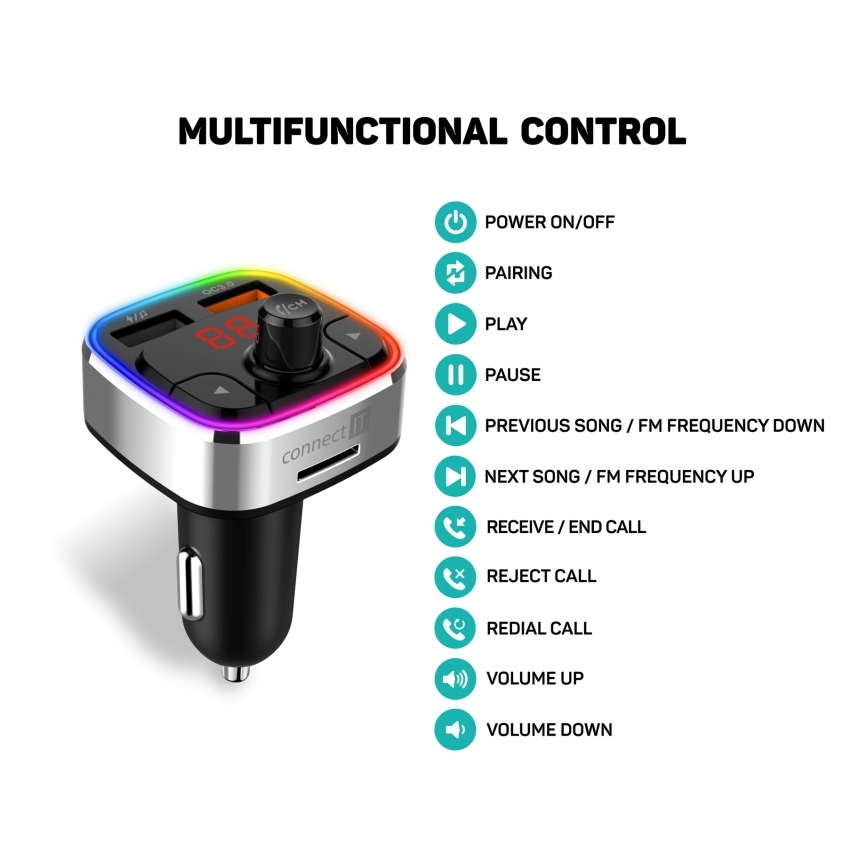 CONNECT IT CCC-9090-SL - LED RGB FM-bilsändare med handsfree-funktion svart/silver