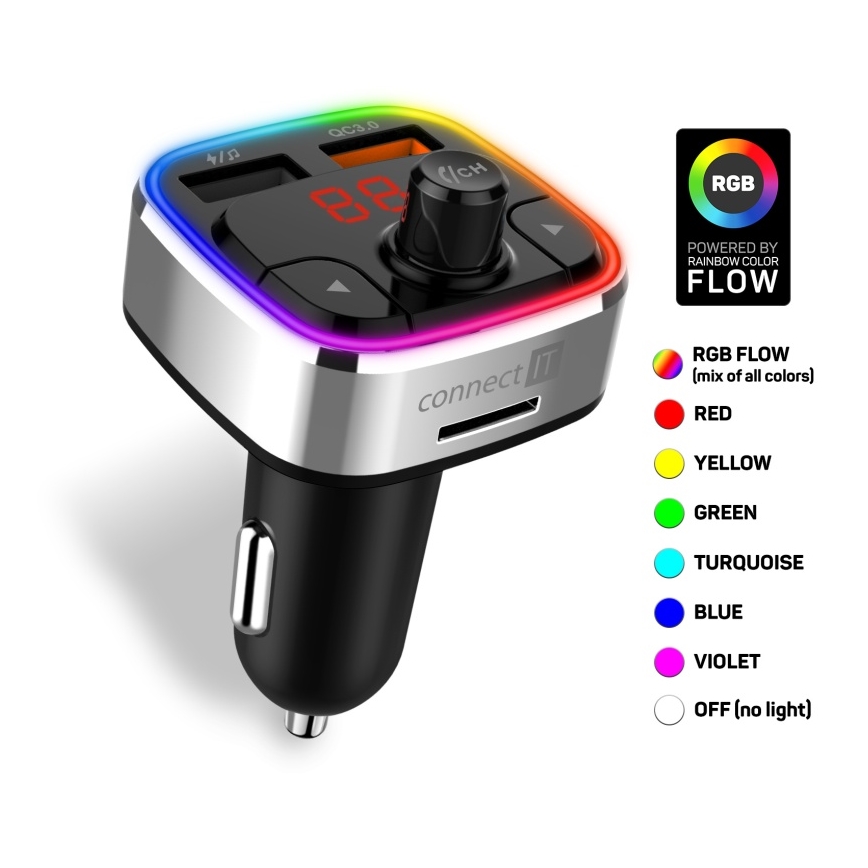 CONNECT IT CCC-9090-SL - LED RGB FM-bilsändare med handsfree-funktion svart/silver