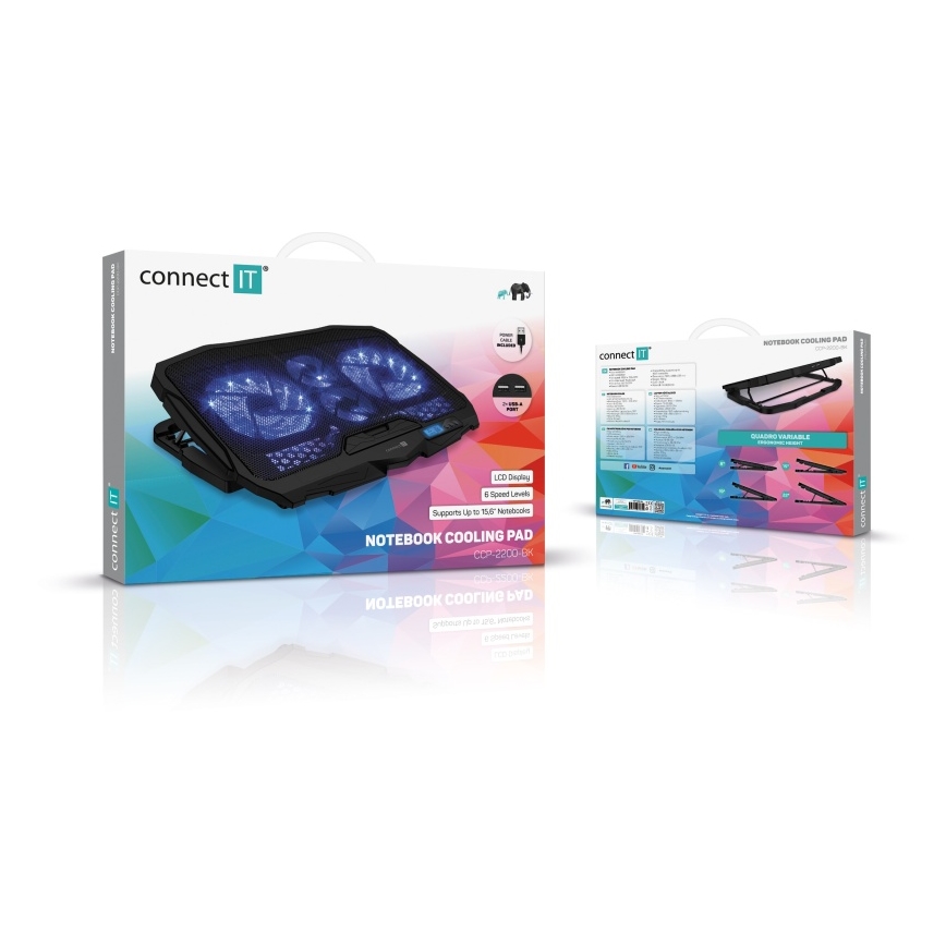 CONNECT IT CCP-2200-BK - Kylplatta för laptop 4x fläkt 2xUSB svart/blå