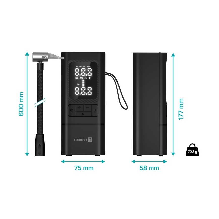 CONNECT IT CFF-4500-BK - Digital bärbar fickkompressor AirFlow 80W/6000 mAh svart