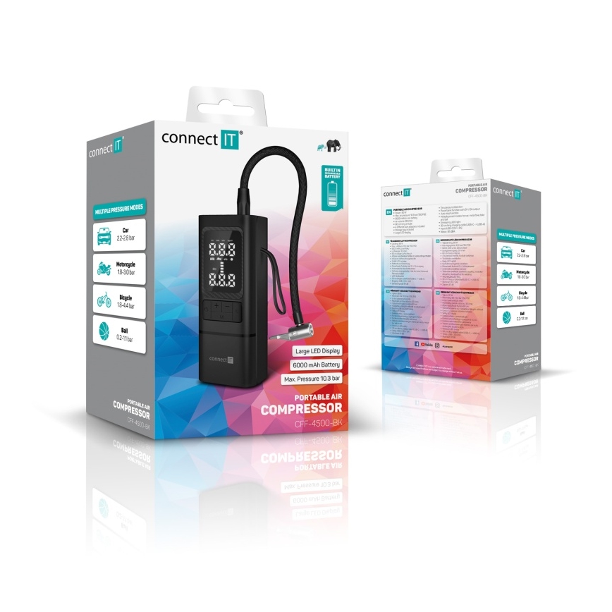 CONNECT IT CFF-4500-BK - Digital bärbar fickkompressor AirFlow 80W/6000 mAh svart