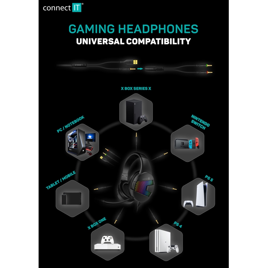 CONNECT IT CHP-3595-BK - LED RGB Gaming hörlurar med sladd Med en mikrofon svart