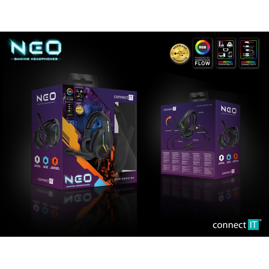 CONNECT IT CHP-3595-BK - LED RGB Gaming hörlurar med sladd Med en mikrofon svart