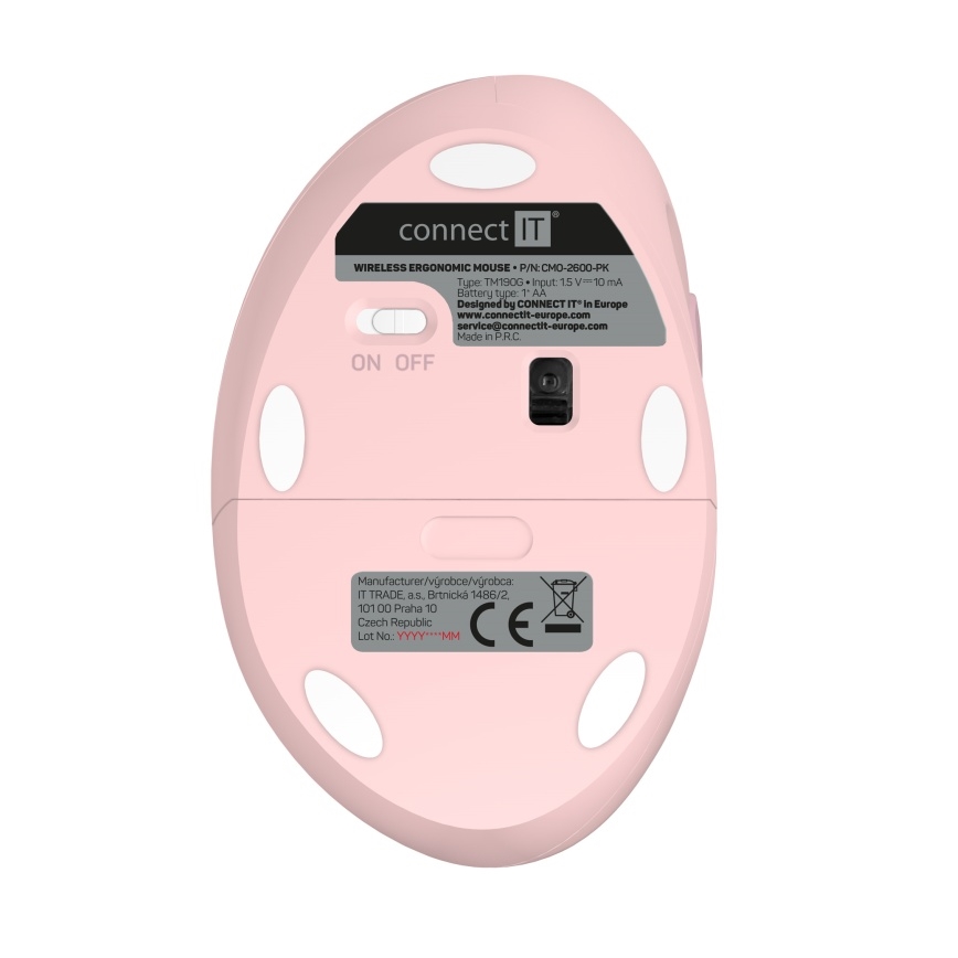CONNECT IT CMO-2600-PK - Ergonomisk trådlös mus 800/1200/1600 DPI 1xAA rosa