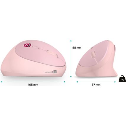 CONNECT IT CMO-2600-PK - Ergonomisk trådlös mus 800/1200/1600 DPI 1xAA rosa