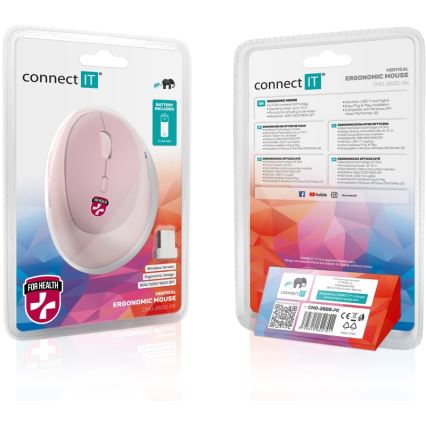 CONNECT IT CMO-2600-PK - Ergonomisk trådlös mus 800/1200/1600 DPI 1xAA rosa