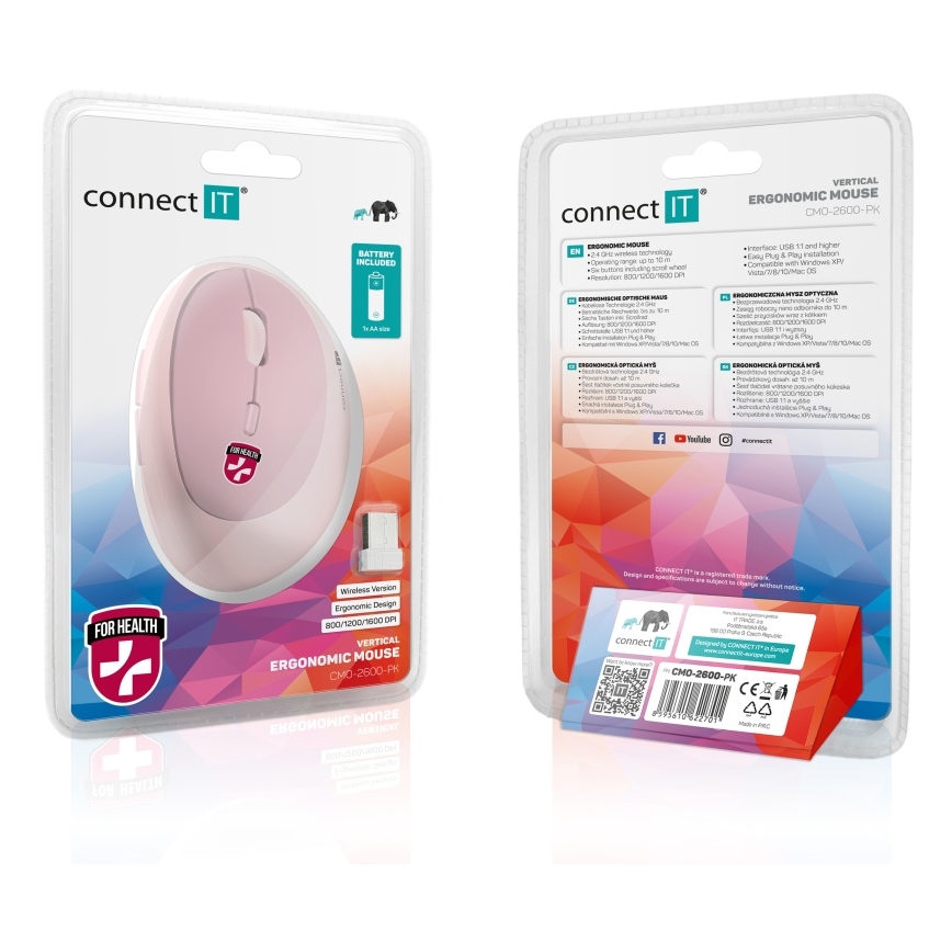 CONNECT IT CMO-2600-PK - Ergonomisk trådlös mus 800/1200/1600 DPI 1xAA rosa