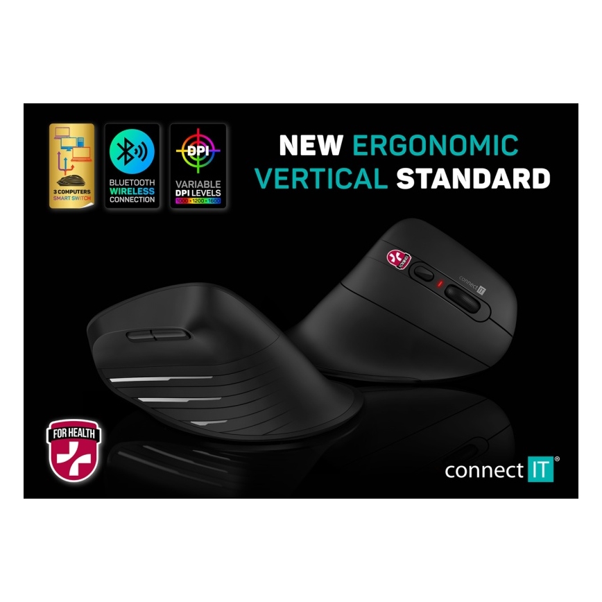 CONNECT IT CMO-2880-BK - Ergonomisk trådlös mus Verti TriMode 1000/1600/2400 DPI 2xAAA svart