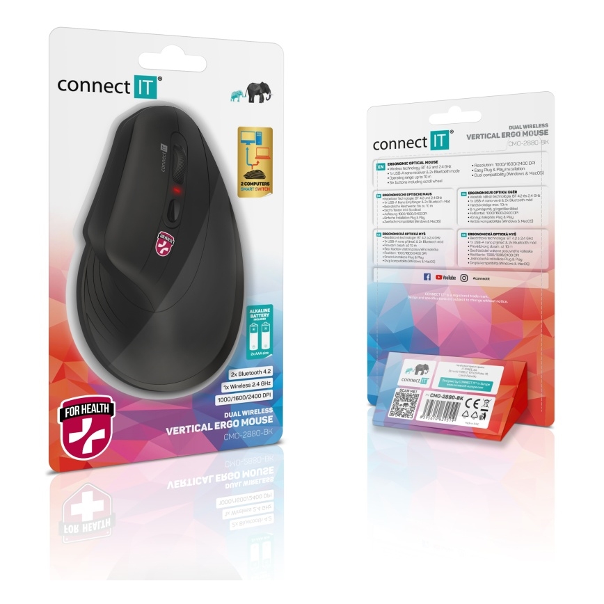CONNECT IT CMO-2880-BK - Ergonomisk trådlös mus Verti TriMode 1000/1600/2400 DPI 2xAAA svart