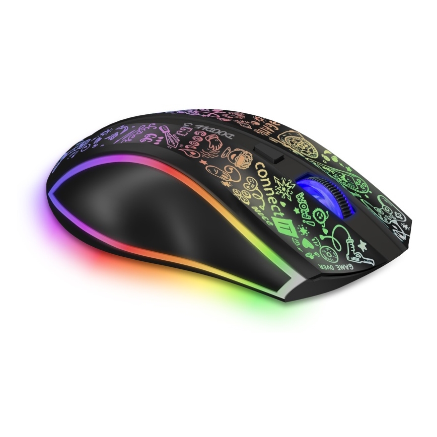 CONNECT IT CMO-3530-DD - LED RGB Trådlös laddningsbar gaming mus 800/1200/1600/2400/4800 DPI 600 mAh svart
