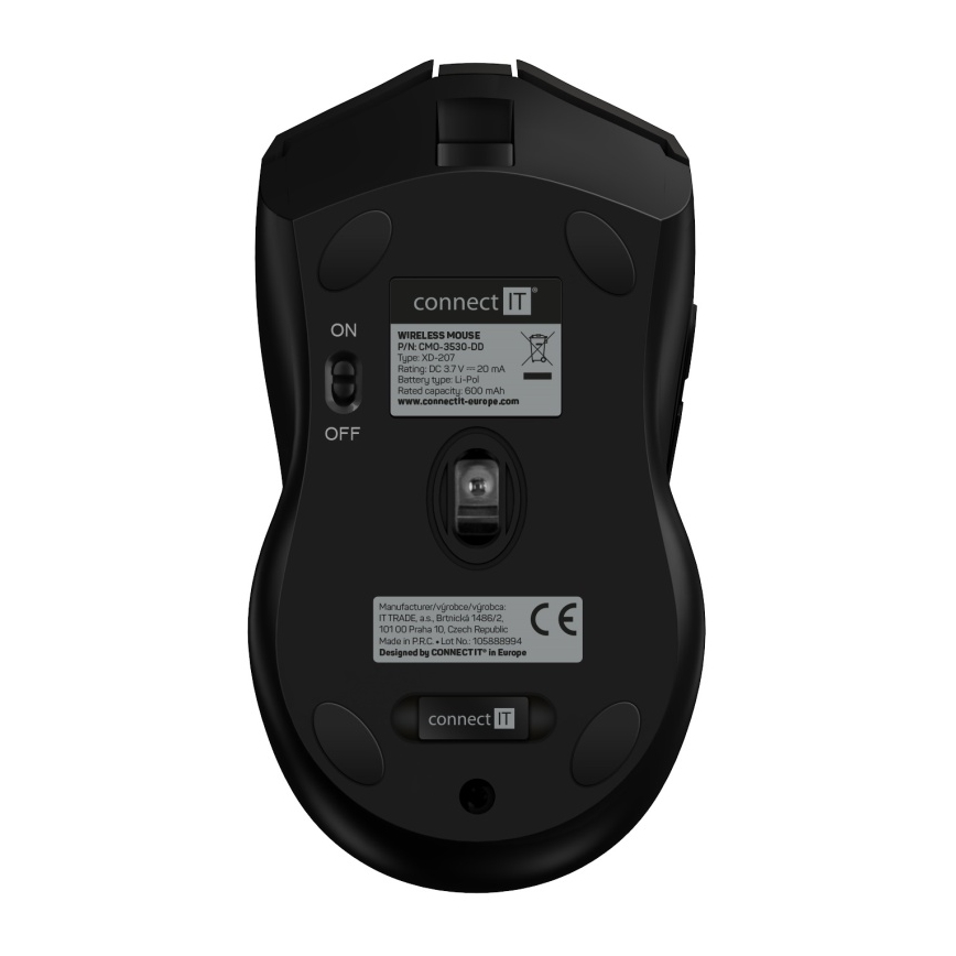 CONNECT IT CMO-3530-DD - LED RGB Trådlös laddningsbar gaming mus 800/1200/1600/2400/4800 DPI 600 mAh svart
