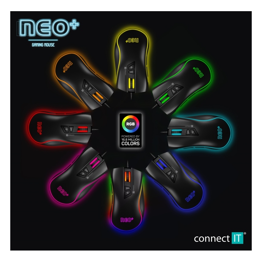 CONNECT IT CMO-3591-BK - LED RGB gaming mus med sladd 500-7200 DPI svart