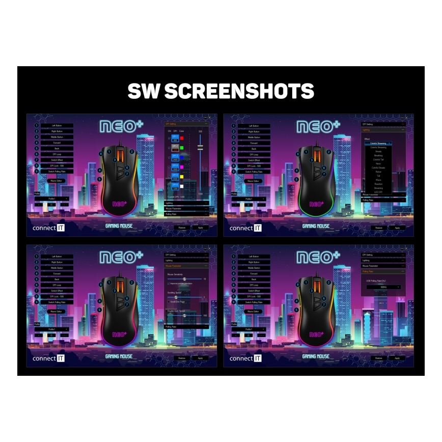 CONNECT IT CMO-3591-BK - LED RGB gaming mus med sladd 500-7200 DPI svart